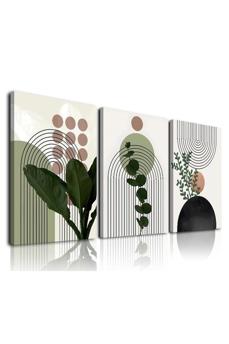 KBKBART Sage Green Boho Wall Art, Abstract Framed Canvas Wall Art Palm Leaf Sun Moon Line Beige Green Wall Decor, Minimalist Geometric Boho Room Decor, Sage Green Wall Posters & Prints for Living - Image 1