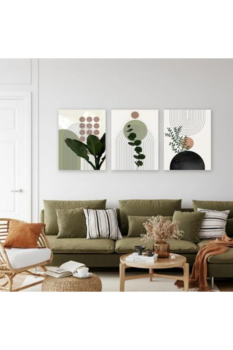 KBKBART Sage Green Boho Wall Art, Abstract Framed Canvas Wall Art Palm Leaf Sun Moon Line Beige Green Wall Decor, Minimalist Geometric Boho Room Decor, Sage Green Wall Posters & Prints for Living - Image 2