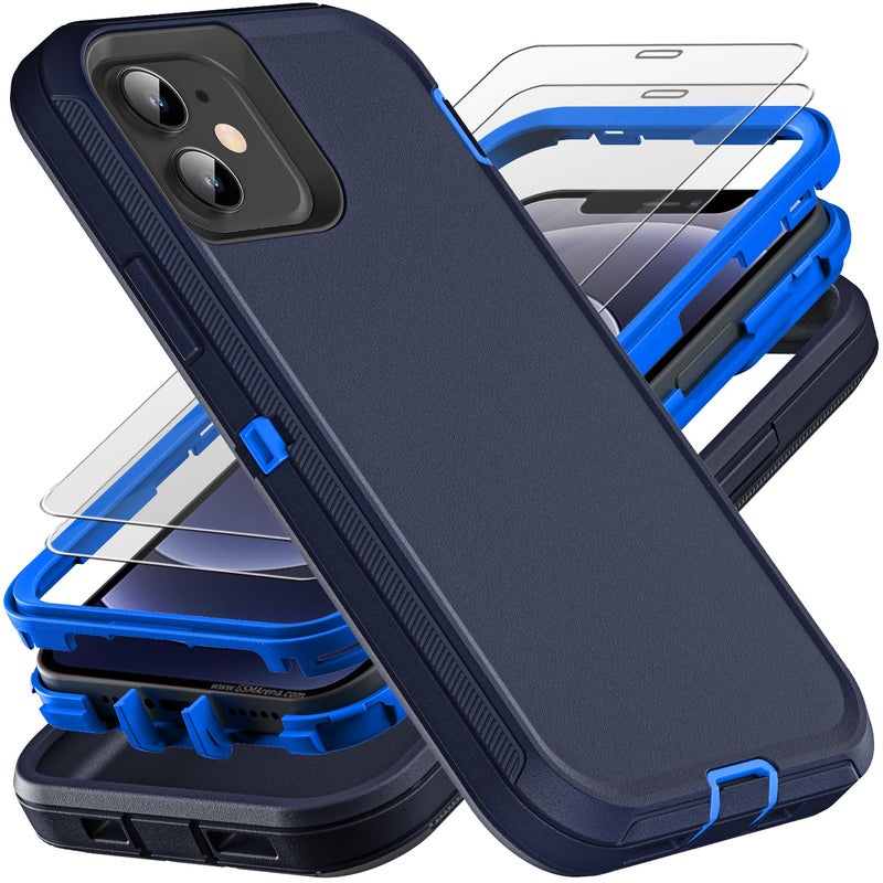 YKHJKLEC for iPhone 12 Mini Case Military Grade 3 in 1 Heavy Duty ShockproofDrop ProofDust Proof Case with 2Pcs Tempered Glass Screen Protector Navy Blue - Image 3