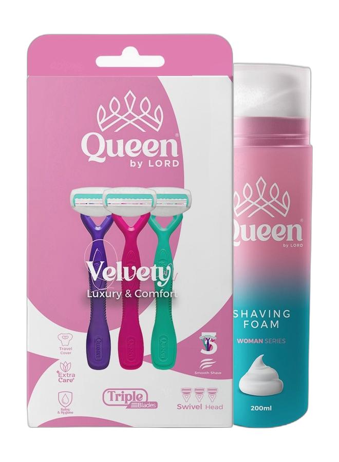 Queen By Lord Velvety Triple Blade Disposable Razors – Pack of 3 & Shaving Foam For Women - Image 1