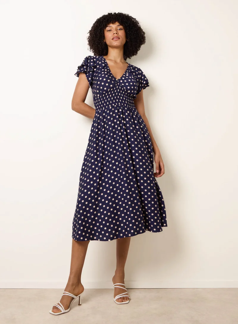 Blue Vanilla Polka Dot Elastic V Neck Midi Dress