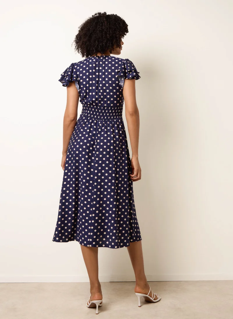 Blue Vanilla Polka Dot Elastic V Neck Midi Dress