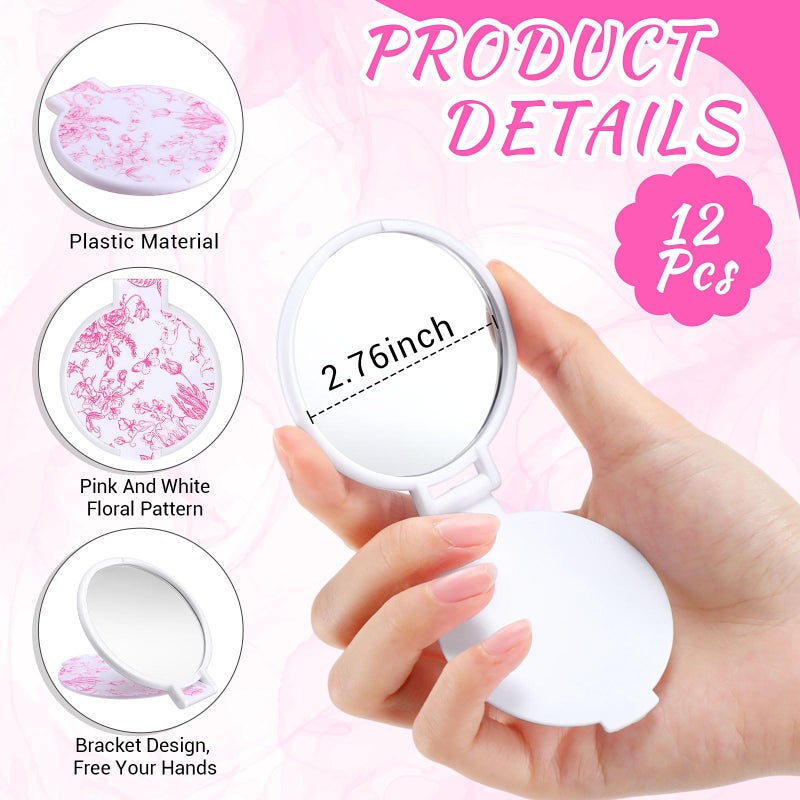Quzzil 12 Pcs Floral Small Compact Mirrors Bulk for Women Mini Pocket Mirrors Purse Travel Makeup Portable Folding Glass Gift for Wedding Guest Bridal Birthday Shower Party Favor(Pink) - Image 2