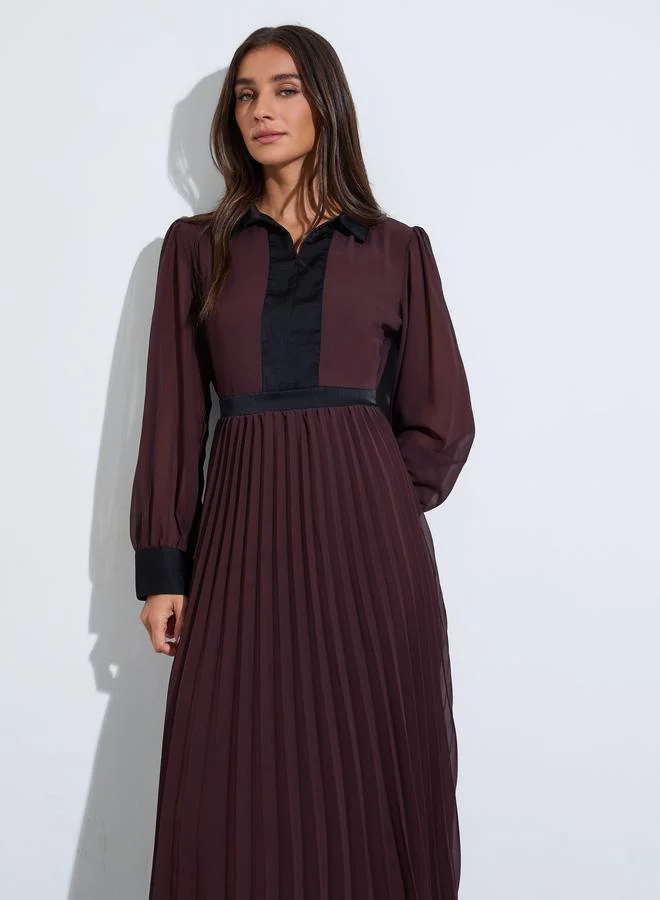 Styli Brown Contrast Trims Pleated Details A-Line maxi Dress