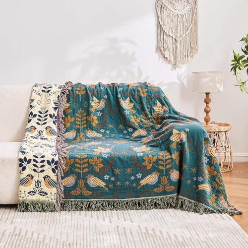 XIBLC Boho Throw Blanket, 100% Cotton Ultra Soft Luxury Throw Rustic Quilt, 60"x80" Floral Printed Farmhouse Decor Bed Summer Blankets, All Season Rustic Reversible Bohemian Throw for Bed - Blue - Image 4