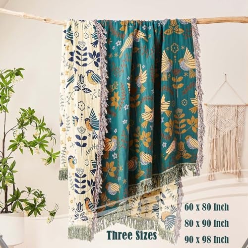 XIBLC Boho Throw Blanket, 100% Cotton Ultra Soft Luxury Throw Rustic Quilt, 60"x80" Floral Printed Farmhouse Decor Bed Summer Blankets, All Season Rustic Reversible Bohemian Throw for Bed - Blue - Image 3