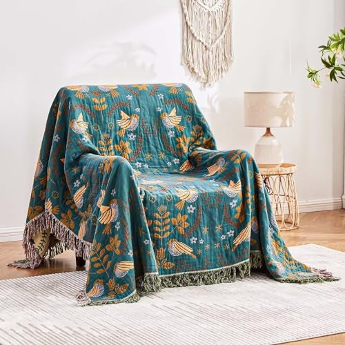 XIBLC Boho Throw Blanket, 100% Cotton Ultra Soft Luxury Throw Rustic Quilt, 60"x80" Floral Printed Farmhouse Decor Bed Summer Blankets, All Season Rustic Reversible Bohemian Throw for Bed - Blue - Image 2