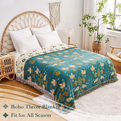 XIBLC Boho Throw Blanket, 100% Cotton Ultra Soft Luxury Throw Rustic Quilt, 60"x80" Floral Printed Farmhouse Decor Bed Summer Blankets, All Season Rustic Reversible Bohemian Throw for Bed - Blue - Image 5