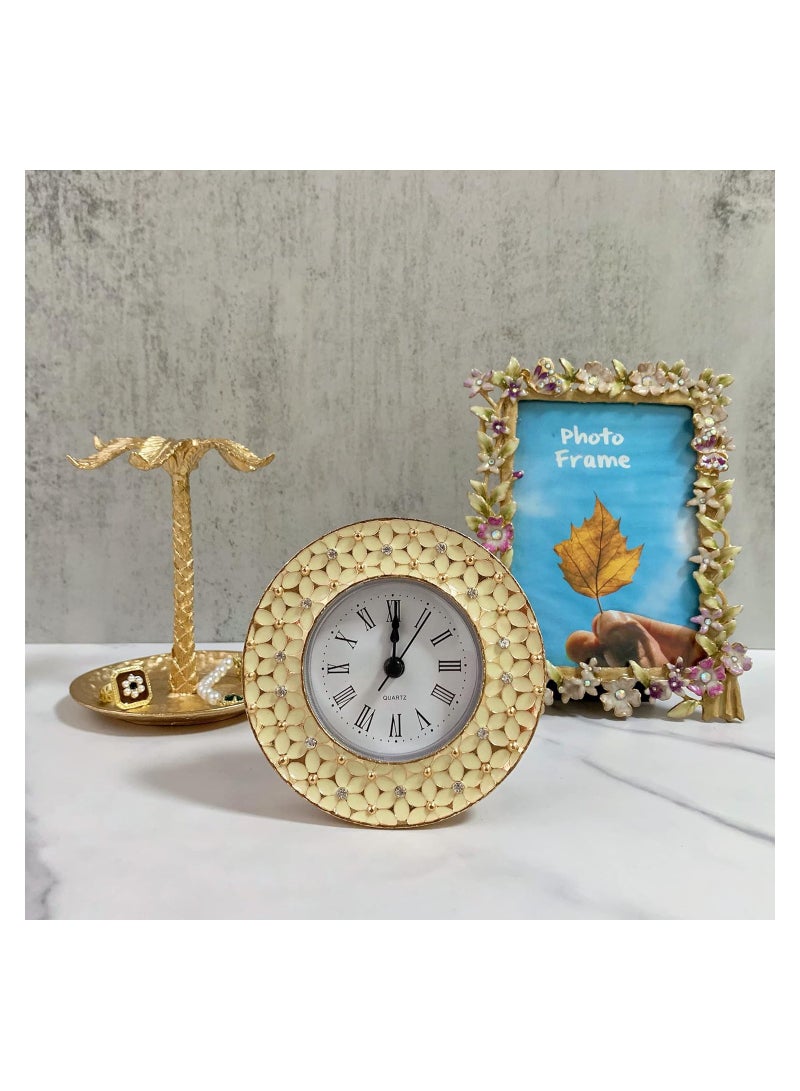 SYOSI Vintage Table Clock, Decorative Mini Table Clock Vintage Metal Quartz Battery Operated Table Top Clock for Living Room Decor Shelf (Yellow Flowers) - Image 2