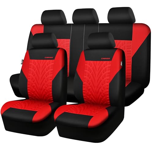 CAR PASS Car Seat Covers Full Sets Front Split Rear Bench for Car 3D Tyre Embossed Automotive Interior Covers Airbag Compatible Quick Setup Universal Fit Seat Covers for Car SUVBlack Red - Image 1