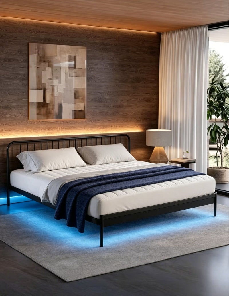 شاربدو إطار سرير مزدوج 150x200cm ، دعم الصلب الثقيل مع شرائح خشبية ، خالية من الضوضاء ، نهاية أسود - Image 1