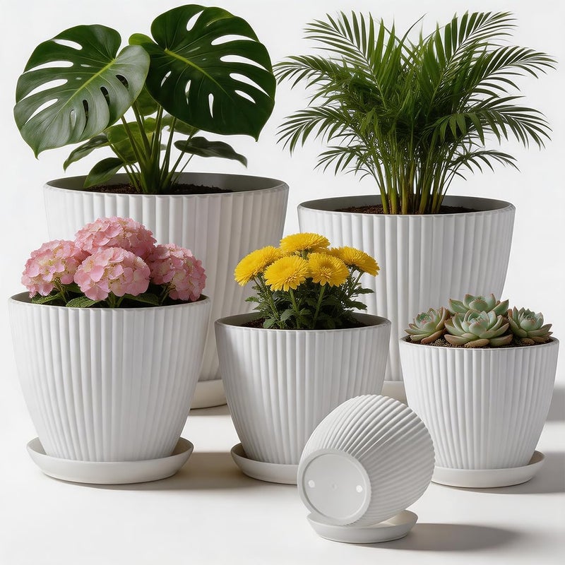 RooTrimmer 7.5/6.5/5.5/4.9/4.2/3.5 inches Plant Planters 6 Pack, Thick Sturdy Plastic Pots, Indoor/Outdoor Plant Flower Pots with Drainage Holes and Saucers (6 Sizes, White) - Image 1