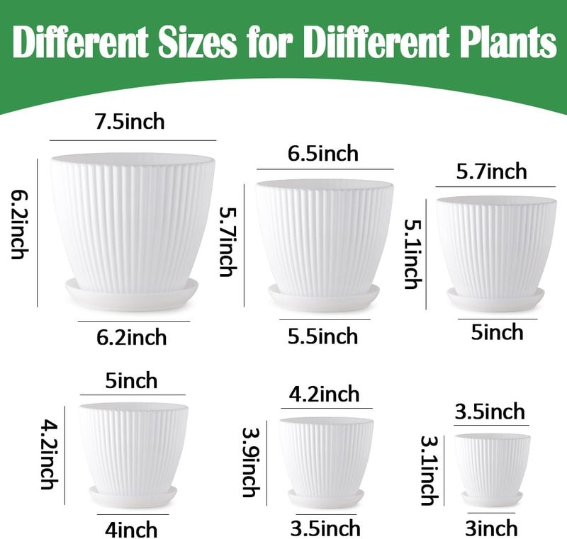 RooTrimmer 7.5/6.5/5.5/4.9/4.2/3.5 inches Plant Planters 6 Pack, Thick Sturdy Plastic Pots, Indoor/Outdoor Plant Flower Pots with Drainage Holes and Saucers (6 Sizes, White) - Image 3