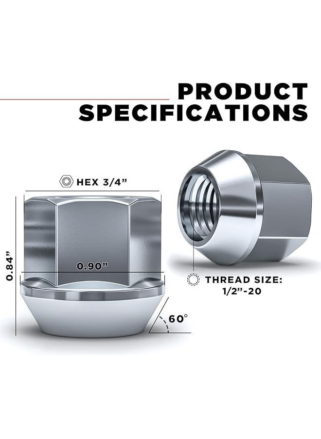 White Knight 1/2"-20 Thread Lug Nuts For Aftermarket Or Factory Wheels - 20 Chrome Lug Nuts - Open End Bulge Acorn Seating - Carbon Steel For Durable Construction & Easy Installation - 1304-1S-20Am - Image 2