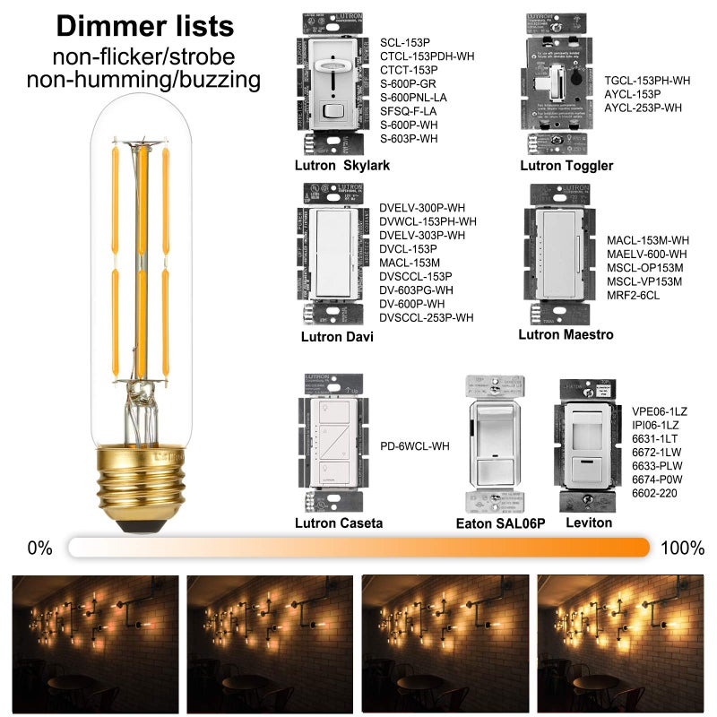 LiteHistory Dimmable E26 Edison Bulb 6W Equal 60 watt Light Bulb AC120V Warm White 2700K Edison Light Bulbs 60 Watt 600LM Tubular T10 led Bulb for Rustic Pendant,Chandeliers,Wall sconces,Vanity 6Pack - Image 3