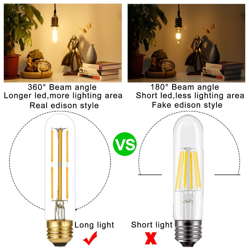 LiteHistory Dimmable E26 Edison Bulb 6W Equal 60 watt Light Bulb AC120V Warm White 2700K Edison Light Bulbs 60 Watt 600LM Tubular T10 led Bulb for Rustic Pendant,Chandeliers,Wall sconces,Vanity 6Pack - Image 2