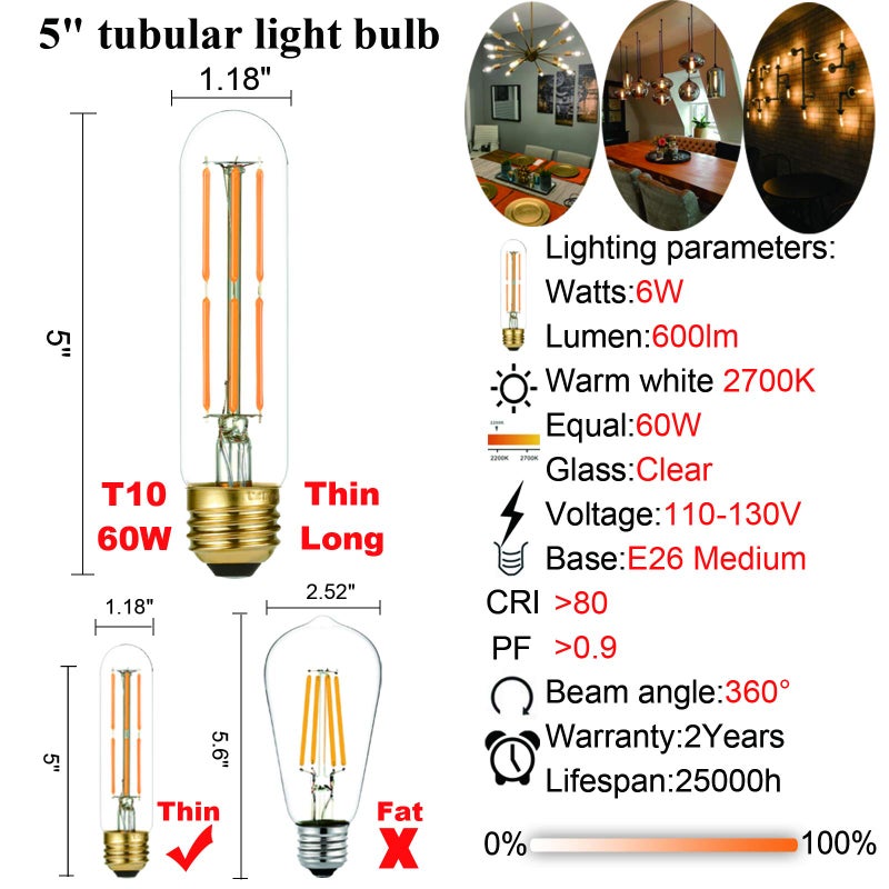 LiteHistory Dimmable E26 Edison Bulb 6W Equal 60 watt Light Bulb AC120V Warm White 2700K Edison Light Bulbs 60 Watt 600LM Tubular T10 led Bulb for Rustic Pendant,Chandeliers,Wall sconces,Vanity 6Pack - Image 5