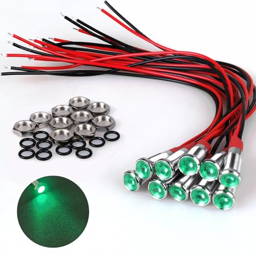 DMWD 10Pcs 6mm 14 Energy Saving LED Indicator Light 12V24V 20mA Metal Waterproof Wide Flat Head Signal Lamp Pilot Dash Directional with Wire Green LED 10Pcs - Image 1