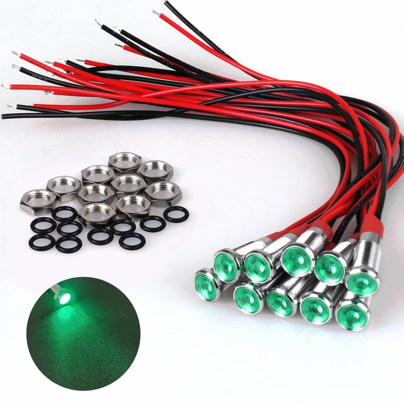DMWD 10Pcs 6mm 14 Energy Saving LED Indicator Light 12V24V 20mA Metal Waterproof Wide Flat Head Signal Lamp Pilot Dash Directional with Wire Green LED 10Pcs - Image 2