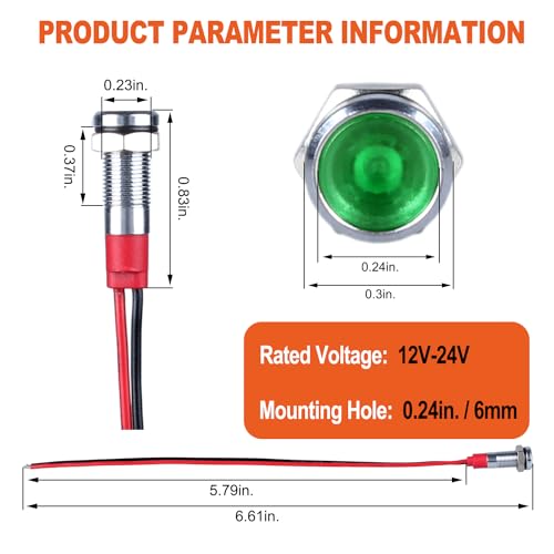 DMWD 10Pcs 6mm 14 Energy Saving LED Indicator Light 12V24V 20mA Metal Waterproof Wide Flat Head Signal Lamp Pilot Dash Directional with Wire Green LED 10Pcs - Image 3