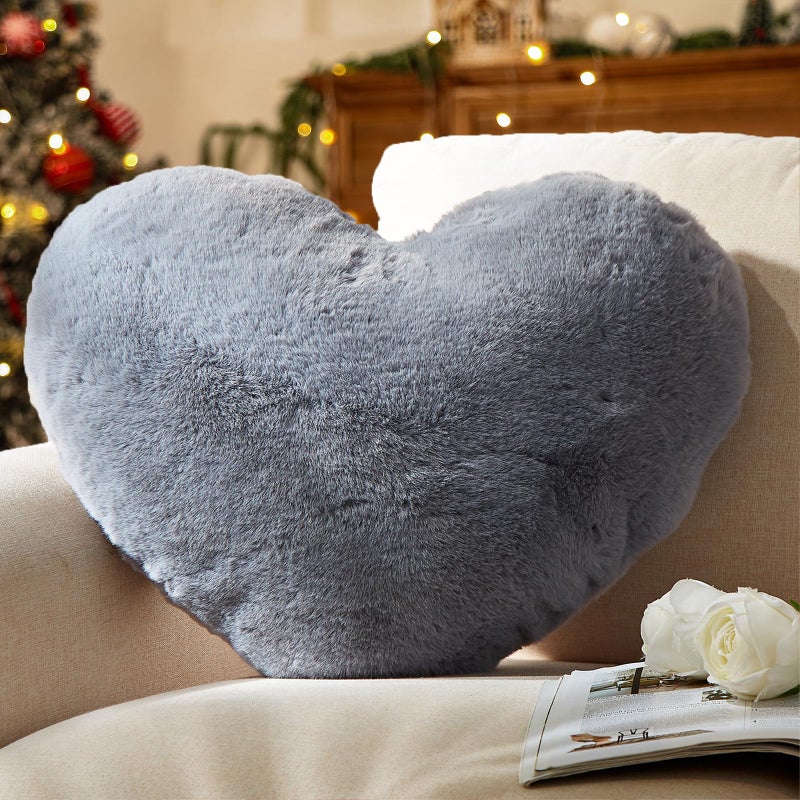 YRXRUS Heart Pillow Grey Heart Pillows Love Pillow Gifts 14X17 Inch Large Heart Shaped Pillows Faux Rabbit Fur Coquette Room Decor Throw Pillows Living Bedroom Indoor Outdoor