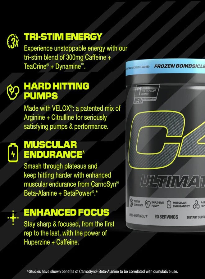 C4 Cellucor C4 Ultimate Pre Workout Powder - Sugar Free Preworkout Energy Supplement for Men & Women - 300mg Caffeine + TeaCrine + Dynamine + Creatine - ICY Blue Razz, 20 Servings - Image 2