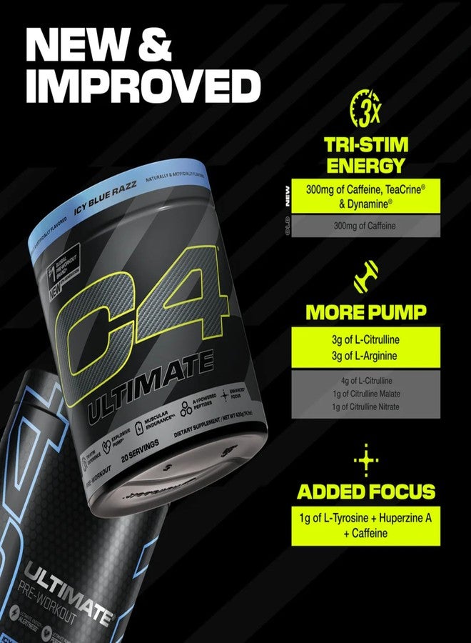 C4 Cellucor C4 Ultimate Pre Workout Powder - Sugar Free Preworkout Energy Supplement for Men & Women - 300mg Caffeine + TeaCrine + Dynamine + Creatine - ICY Blue Razz, 20 Servings - Image 3