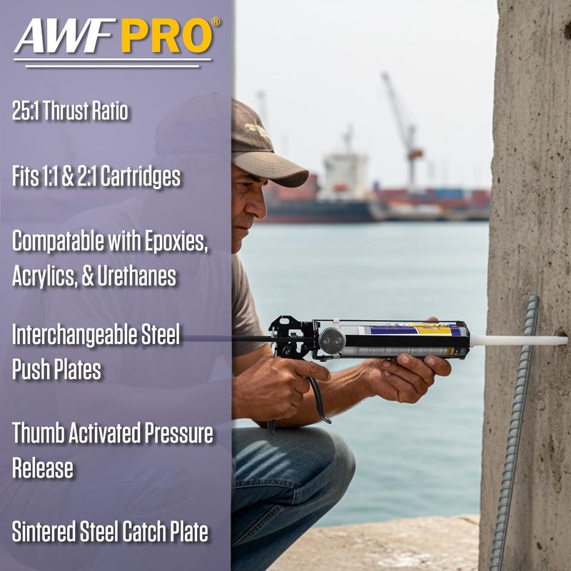 AWF PRO Dual Cartridge Epoxy Gun for 200mL, 250mL, 400 mL, 450 mL (1:1 and 2:1) Dual Component Cartridges – 25:1 Thrust Ratio, Professional 2 Part Epoxy Gun - Image 2
