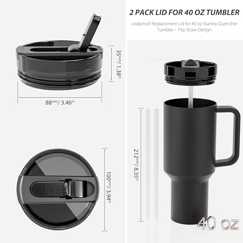 CeleVista 2 Pack 40 oz Flip Straw Lid for STANLEY Quencher ProTour and H2.0 FlowState Tumbler(Only for STANLEY Tumbler), Leakproof Lid, No Spill & Easy to Use Reusable Cover (Black) - Image 4