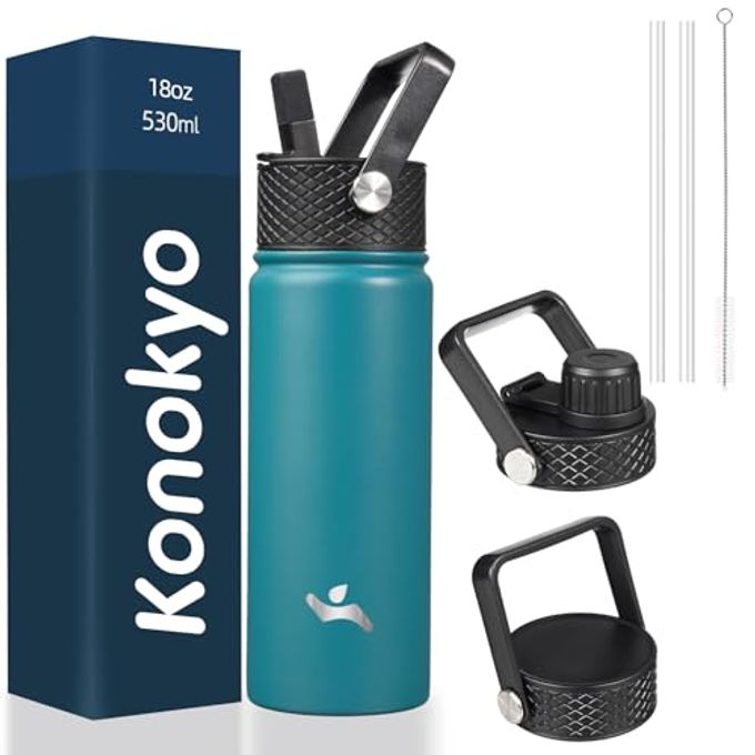 Konokyo 18 oz Insulated Water Bottle Stainless Steel Sport Bottles with 3 Lids,Light Blue - Image 1