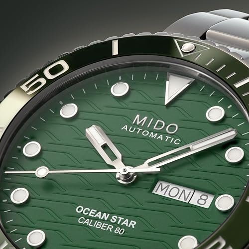 MIDO Ocean Star 200C Swiss Automatic Diving Watch for Men 425mm Stainless Steel Case Rotating Ceramic Bezel Green WaveDesign Dial with DayDate Calendar Stainless Steel Bracelet M0424301109100 - Image 3