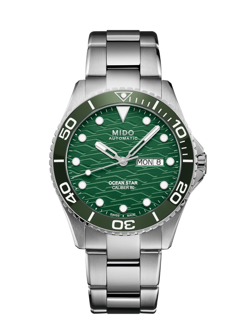 MIDO Ocean Star 200C Swiss Automatic Diving Watch for Men 425mm Stainless Steel Case Rotating Ceramic Bezel Green WaveDesign Dial with DayDate Calendar Stainless Steel Bracelet M0424301109100 - Image 2