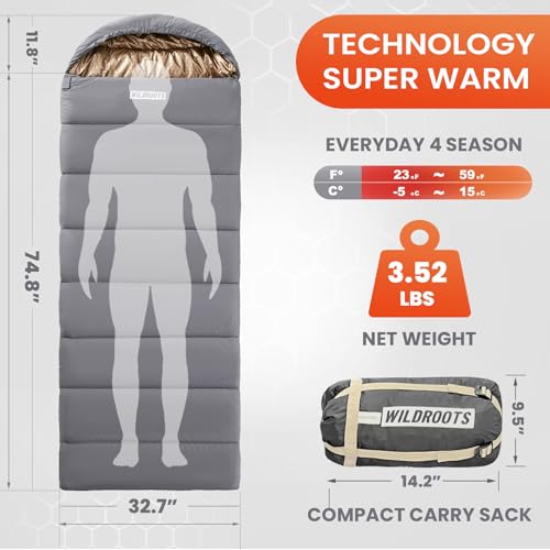 WILDROOTS Sleeping Bags for Adults, Backpacking Lightweight, All Season Sleeping Bag for Warm Camping Hiking Outdoor, Travel Hunting with Compression Bags - Image 2