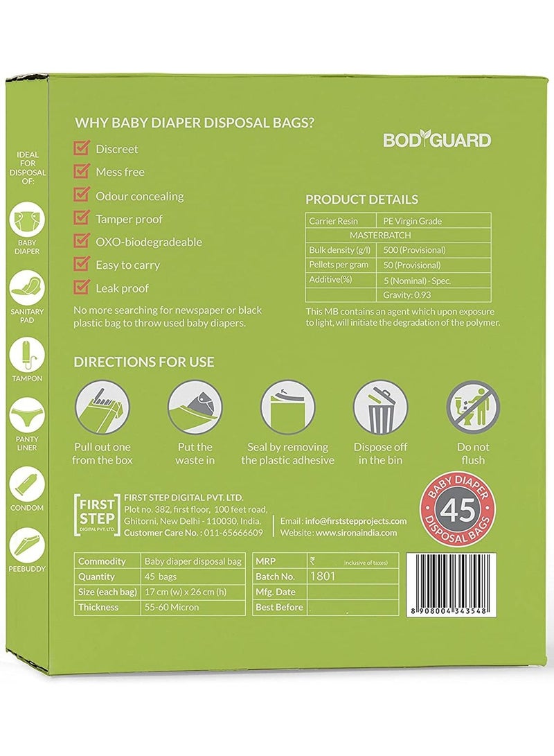 Bodyguard BodyGuard Baby Diapers Disposal Bags - 45 Bags - Oxo Biodegradable, Leak-Proof & Portable Bags for Discreet Disposal of Diapers and Intimate Sanitary Products - Image 2