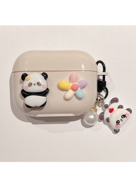 For AirPods 4 Headphone Set Cartoon Diy Doll Pendant Apple 1/2 Generation/pro2 Bluetooth Soft Case Bracelet-Color:Beige Soft Shell + Pendant-panda Flowers-Model:AirPods Pro2 (protective Cover)