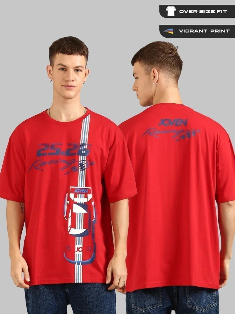 Joven Men Red Printed Pure Cotton Oversized T-Shirt