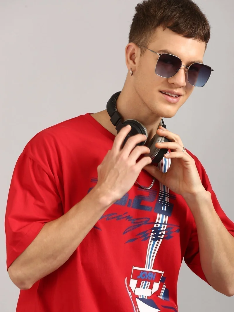 Joven Men Red Printed Pure Cotton Oversized T-Shirt