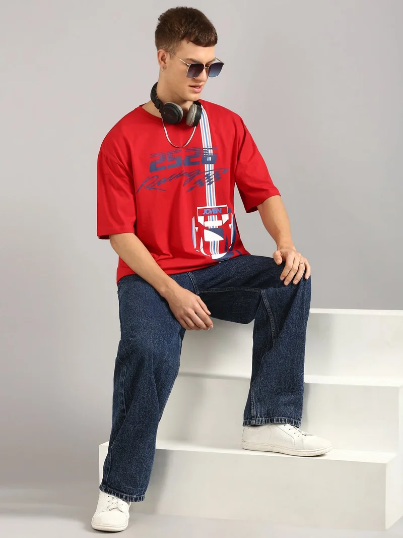Joven Red Men Red Printed Pure Cotton Oversized T-Shirt for Men | Best Price UAE