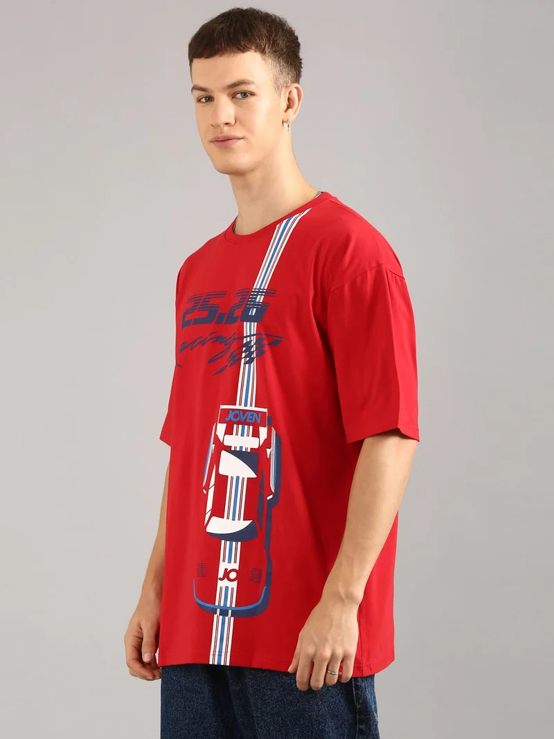 Joven Red Men Red Printed Pure Cotton Oversized T-Shirt for Men | Best Price UAE