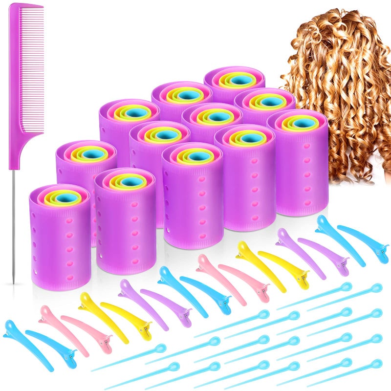 Chuangdi 141 Pcs Hair Rollers Set Include 60 Pcs Mixed Sizes Plastic Hair Rollers with 60 Pins 20 Duck Teeth Clips and Rat Tail Comb Hairdressing Salon Curlers Tools for Women DIY Styles