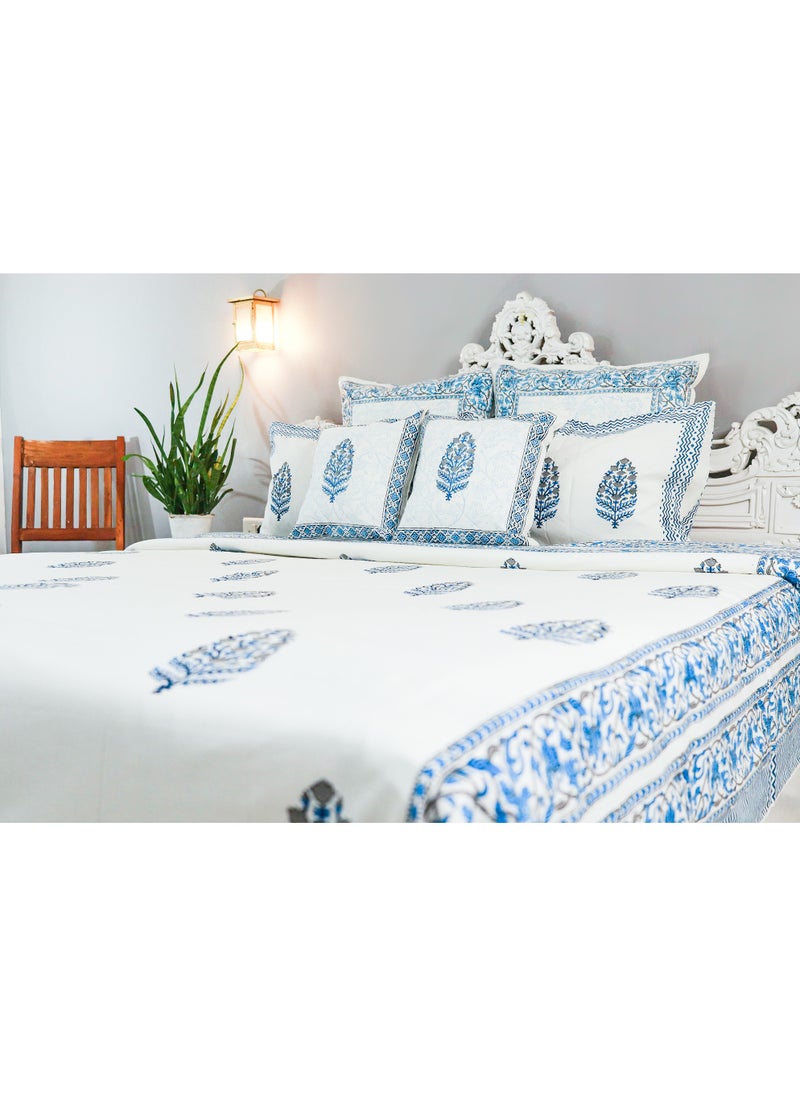 OJARIYA King Size White and Blue Hand Block Printed Premium Cotton Bedsheet (274 cm * 254 cm with 250 TC) With 2 Pillow covers  - Image 3