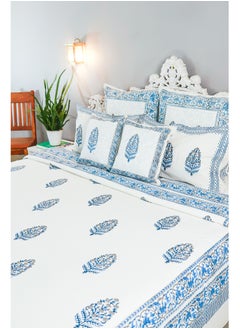 OJARIYA King Size White and Blue Hand Block Printed Premium Cotton Bedsheet (274 cm * 254 cm with 250 TC) With 2 Pillow covers  - Image 2