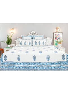OJARIYA King Size White and Blue Hand Block Printed Premium Cotton Bedsheet (274 cm * 254 cm with 250 TC) With 2 Pillow covers  - Image 1