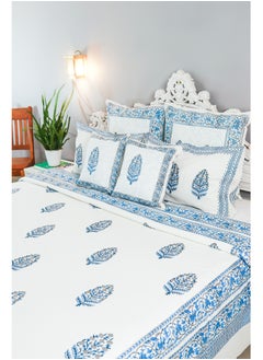 OJARIYA King Size White and Blue Hand Block Printed Premium Cotton Bedsheet (274 cm * 254 cm with 250 TC) With 2 Pillow covers  - Image 5