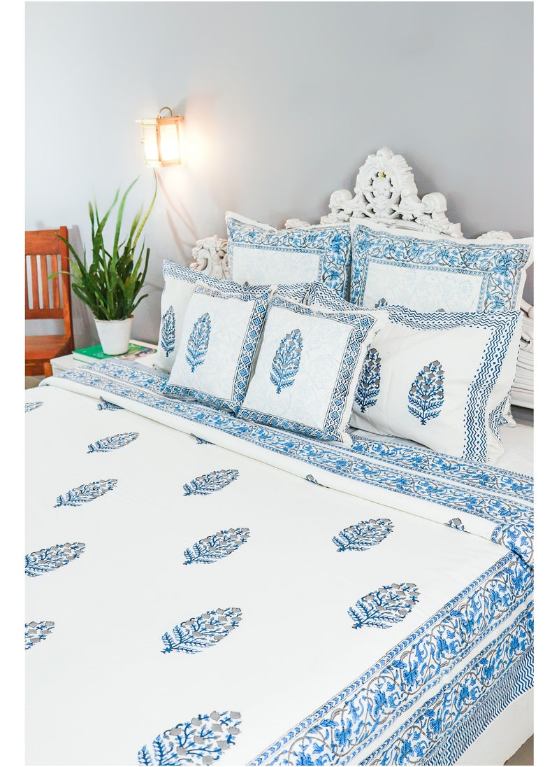 OJARIYA King Size White and Blue Hand Block Printed Premium Cotton Bedsheet (274 cm * 254 cm with 250 TC) With 2 Pillow covers  - Image 5