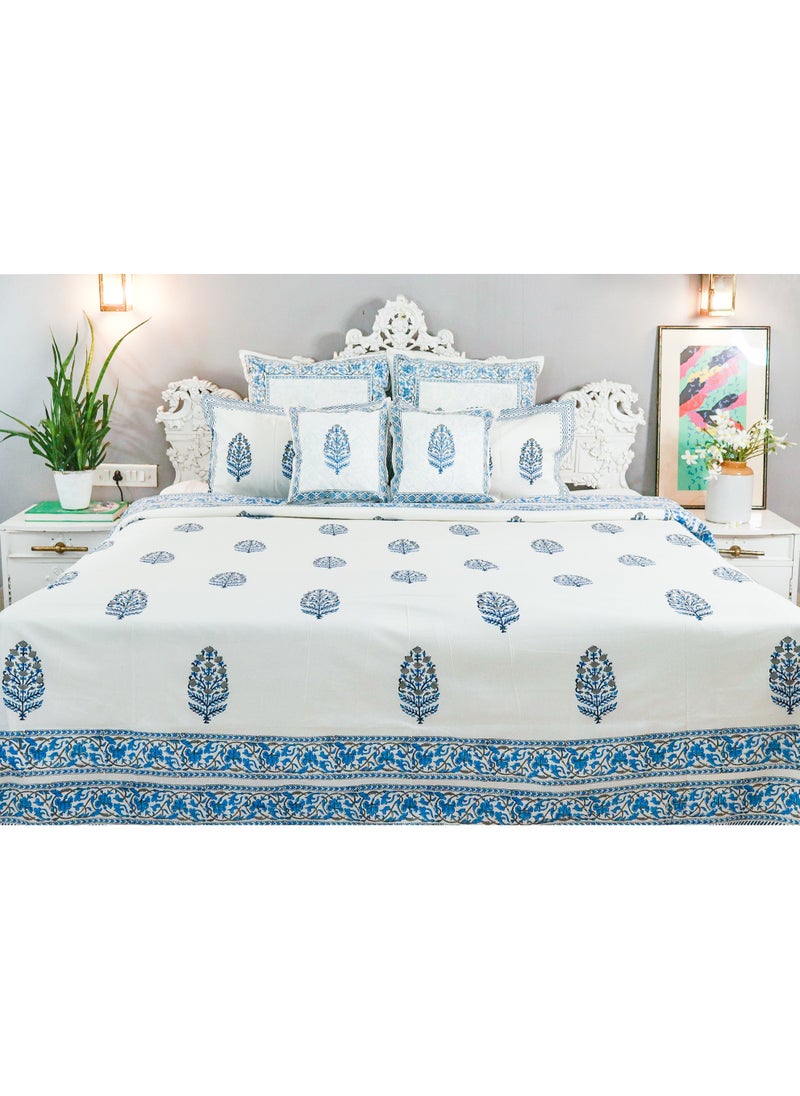 OJARIYA King Size White and Blue Hand Block Printed Premium Cotton Bedsheet (274 cm * 254 cm with 250 TC) With 2 Pillow covers  - Image 4
