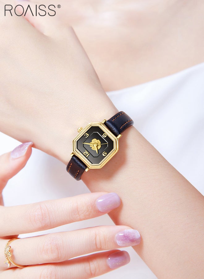 رويس ساعة كوارتز كلاسيكية نسائية، شاشة تناظرية، قرص مثمن الشكل مع زخرفة كاميليا ثلاثية الأبعاد، ساعة يد أنيقة بحزام جلدي كهدية للنساء - Image 2