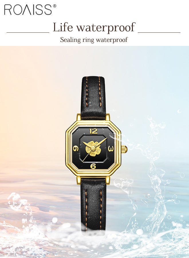 رويس ساعة كوارتز كلاسيكية نسائية، شاشة تناظرية، قرص مثمن الشكل مع زخرفة كاميليا ثلاثية الأبعاد، ساعة يد أنيقة بحزام جلدي كهدية للنساء - Image 5