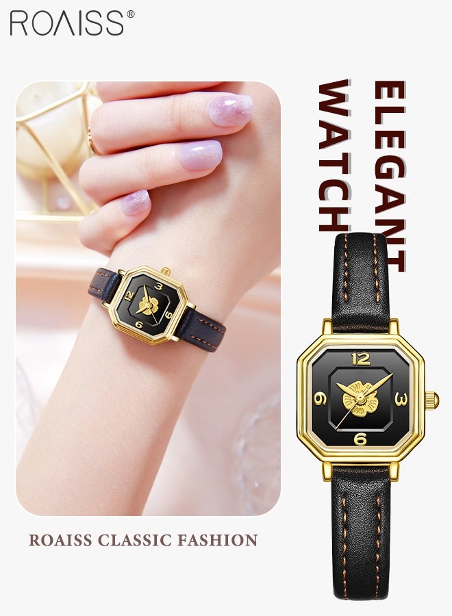 رويس ساعة كوارتز كلاسيكية نسائية، شاشة تناظرية، قرص مثمن الشكل مع زخرفة كاميليا ثلاثية الأبعاد، ساعة يد أنيقة بحزام جلدي كهدية للنساء - Image 1