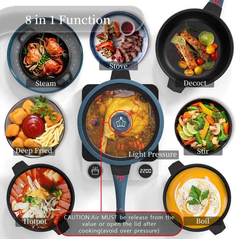 TIBORANG 8 in 1 Multipurpose 11 Inch 5 Quart Heat Indicator Nonstick Deep Frying Pan with Glass Lid,Steamed Grid,PFOA-Free,Dishwasher&Oven Safe,Works with All Stovetops (Dark Teal) - Image 2